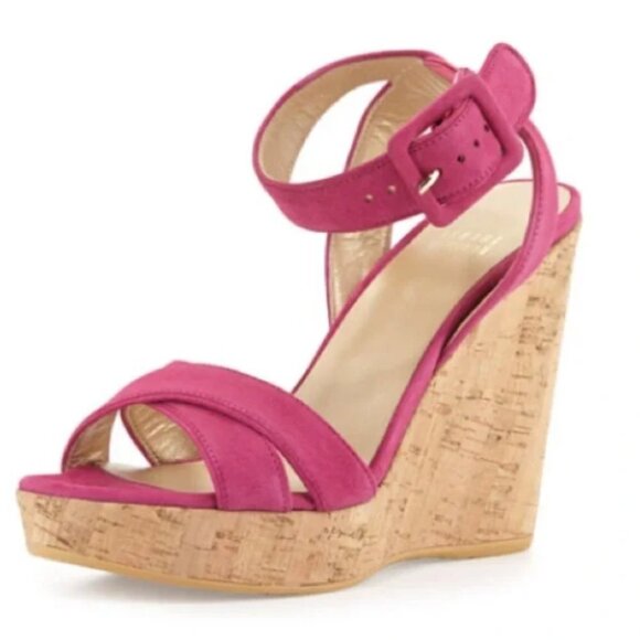 STUART WEITZMAN Annex Suede Cork Wedge Sandals Hot Pink Size 7.5 - Picture 1 of 7
